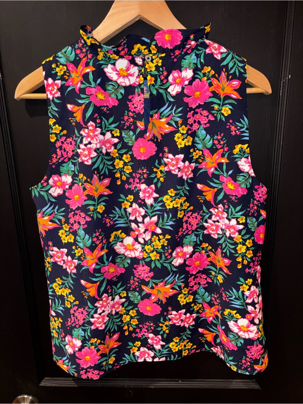 J.Crew Navy Floral Ruffle Sleeveless Blouse Top Size M - Picture 5 of 6